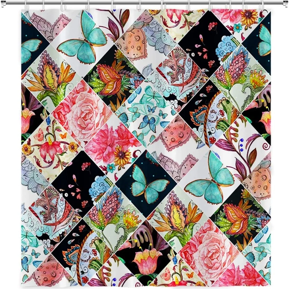 Butterfly Shower Curtain Floral with Stitching Grid Waterproof  12Hooks,48x72in